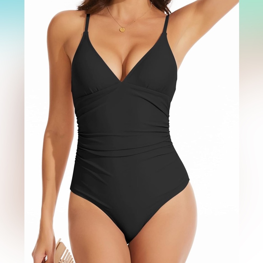 Small Black One Piece Women's Swimsuit, Ruched V Neck Tummy Control